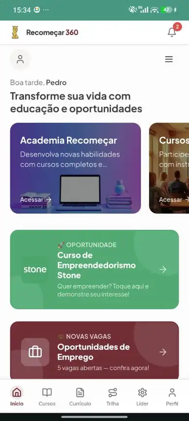 Tela do aplicativo Recomeçar 360 em um smartphone